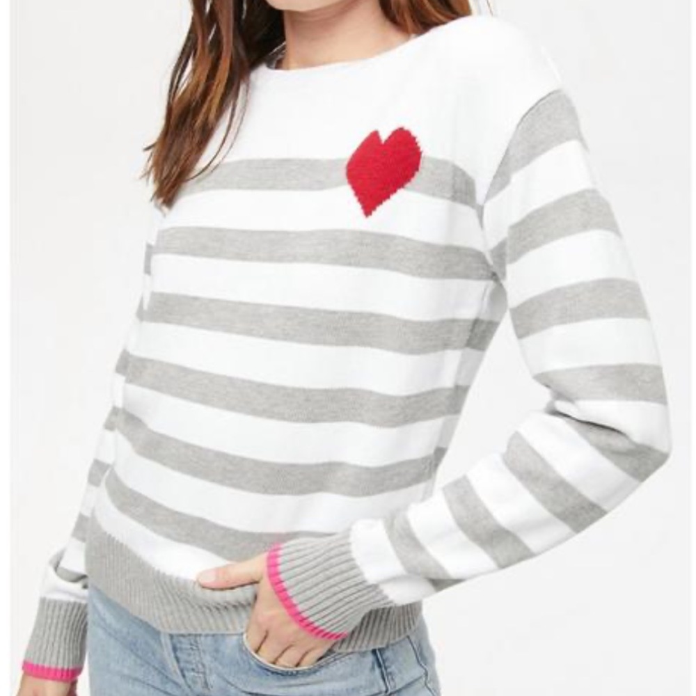 Michael Stars Coeur Stripe Heart Pullover Sweater Gray White Size Medium